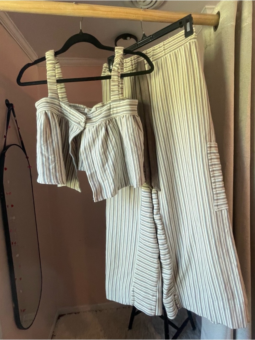 Striped Wide-Leg Pants & Matching Cropped Tank — Cream Stripe